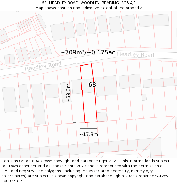 68, HEADLEY ROAD, WOODLEY, READING, RG5 4JE: Plot and title map