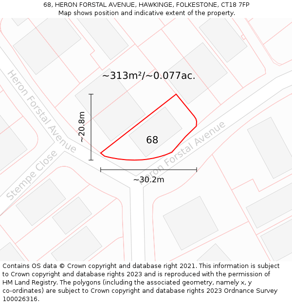 68, HERON FORSTAL AVENUE, HAWKINGE, FOLKESTONE, CT18 7FP: Plot and title map