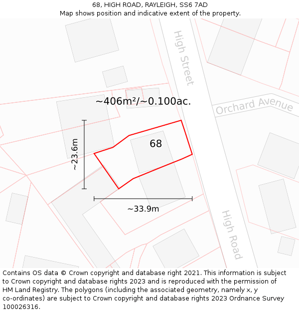 68, HIGH ROAD, RAYLEIGH, SS6 7AD: Plot and title map