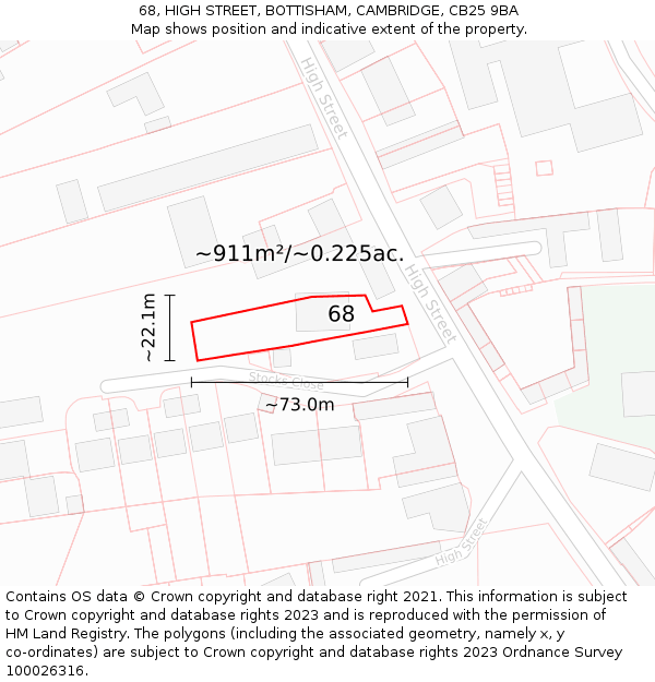 68, HIGH STREET, BOTTISHAM, CAMBRIDGE, CB25 9BA: Plot and title map