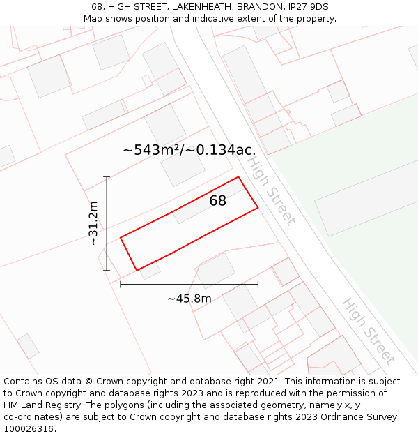 68, HIGH STREET, LAKENHEATH, BRANDON, IP27 9DS: Plot and title map