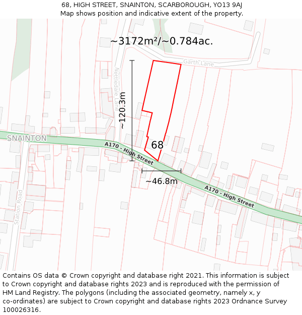 68, HIGH STREET, SNAINTON, SCARBOROUGH, YO13 9AJ: Plot and title map