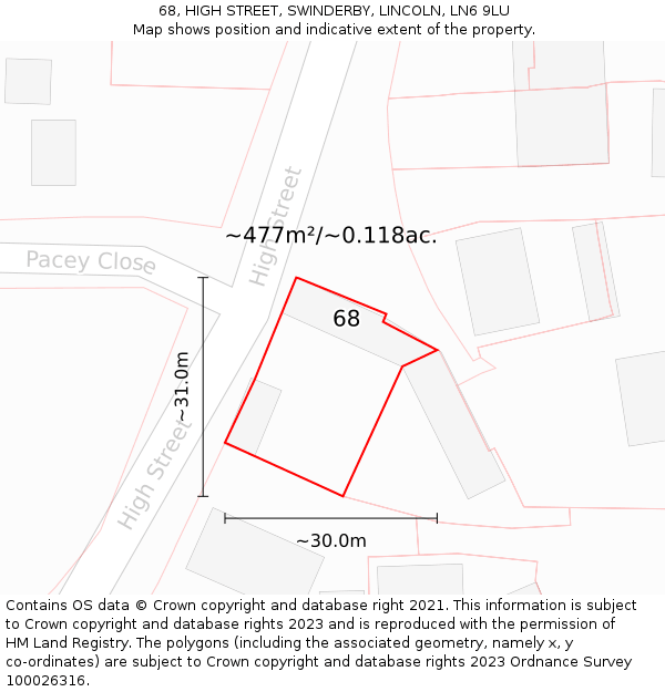 68, HIGH STREET, SWINDERBY, LINCOLN, LN6 9LU: Plot and title map