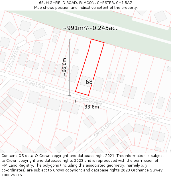 68, HIGHFIELD ROAD, BLACON, CHESTER, CH1 5AZ: Plot and title map