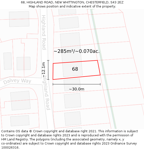 68, HIGHLAND ROAD, NEW WHITTINGTON, CHESTERFIELD, S43 2EZ: Plot and title map
