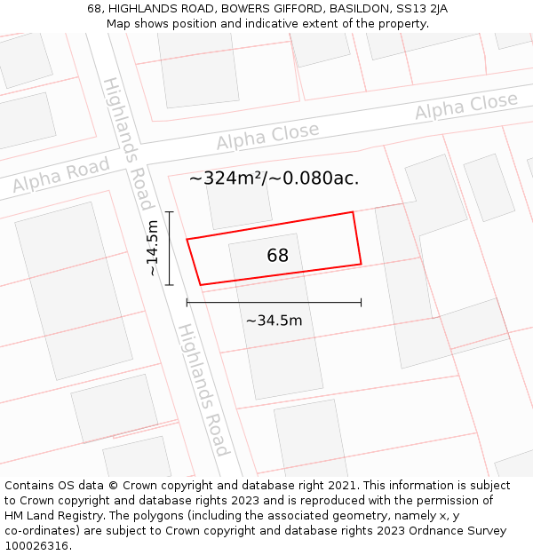 68, HIGHLANDS ROAD, BOWERS GIFFORD, BASILDON, SS13 2JA: Plot and title map