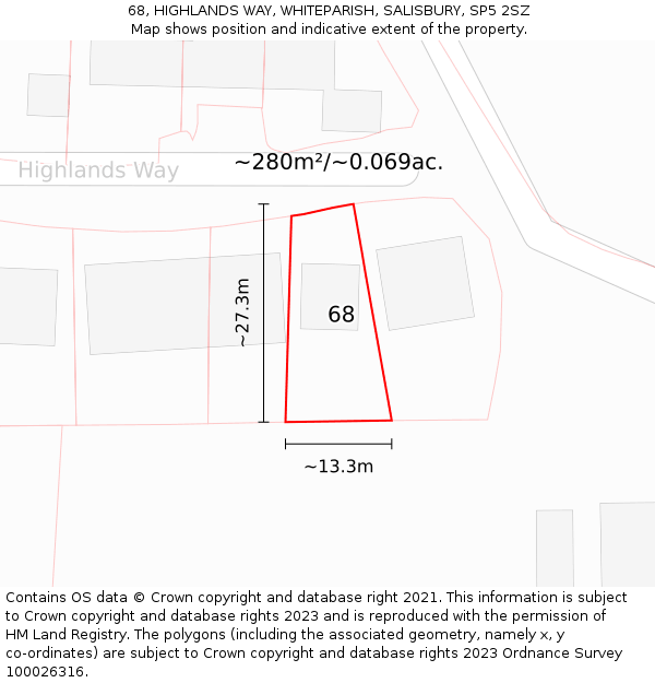 68, HIGHLANDS WAY, WHITEPARISH, SALISBURY, SP5 2SZ: Plot and title map