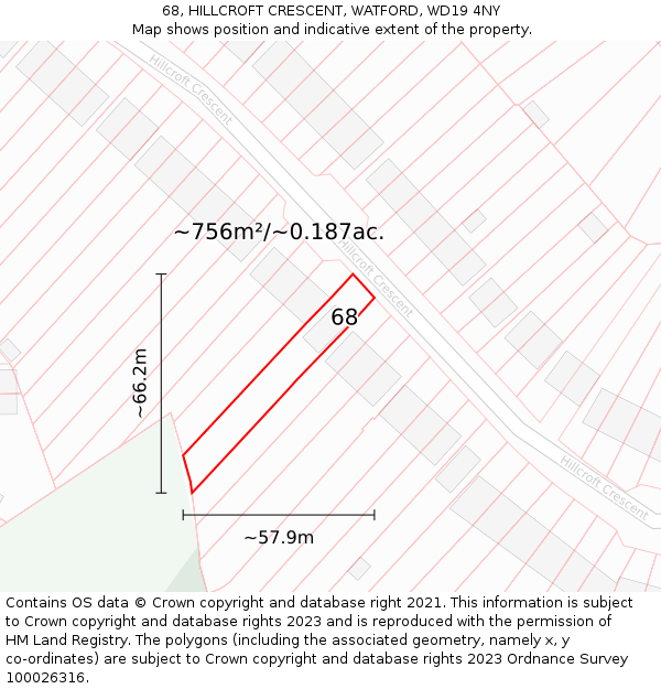 68, HILLCROFT CRESCENT, WATFORD, WD19 4NY: Plot and title map