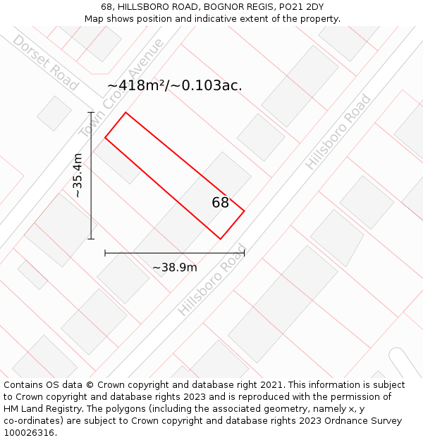 68, HILLSBORO ROAD, BOGNOR REGIS, PO21 2DY: Plot and title map