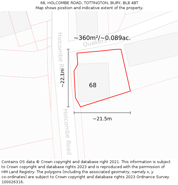 68, HOLCOMBE ROAD, TOTTINGTON, BURY, BL8 4BT: Plot and title map