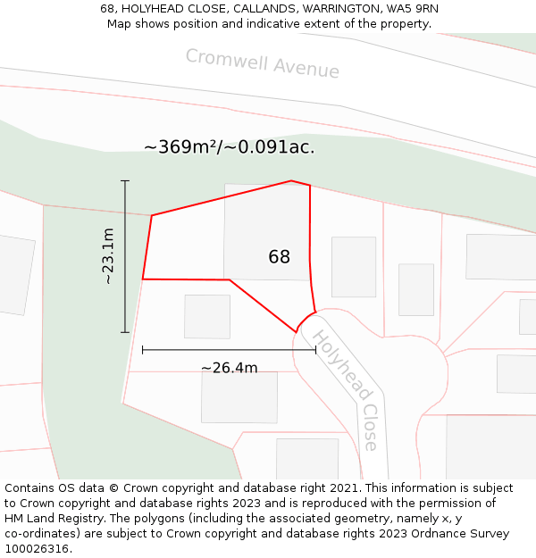 68, HOLYHEAD CLOSE, CALLANDS, WARRINGTON, WA5 9RN: Plot and title map