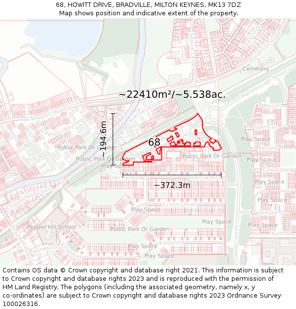 68, HOWITT DRIVE, BRADVILLE, MILTON KEYNES, MK13 7DZ: Plot and title map