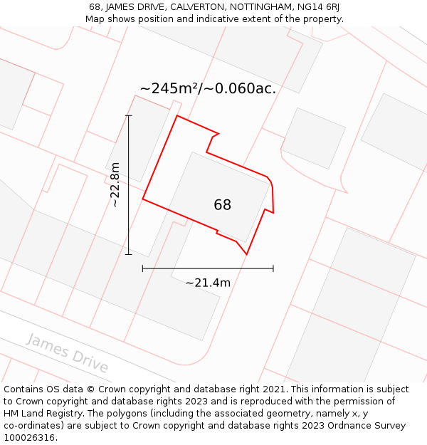 68, JAMES DRIVE, CALVERTON, NOTTINGHAM, NG14 6RJ: Plot and title map