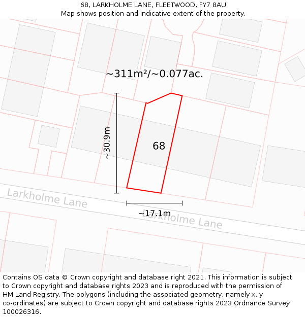 68, LARKHOLME LANE, FLEETWOOD, FY7 8AU: Plot and title map