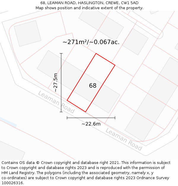 68, LEAMAN ROAD, HASLINGTON, CREWE, CW1 5AD: Plot and title map