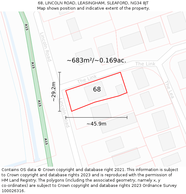 68, LINCOLN ROAD, LEASINGHAM, SLEAFORD, NG34 8JT: Plot and title map