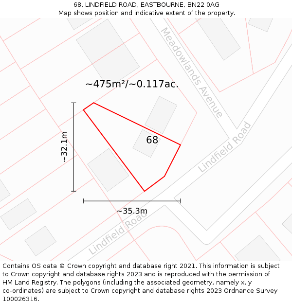 68, LINDFIELD ROAD, EASTBOURNE, BN22 0AG: Plot and title map