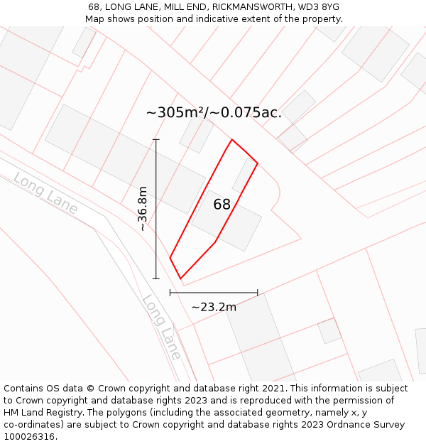 68, LONG LANE, MILL END, RICKMANSWORTH, WD3 8YG: Plot and title map