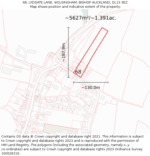 68, LYDGATE LANE, WOLSINGHAM, BISHOP AUCKLAND, DL13 3EZ: Plot and title map