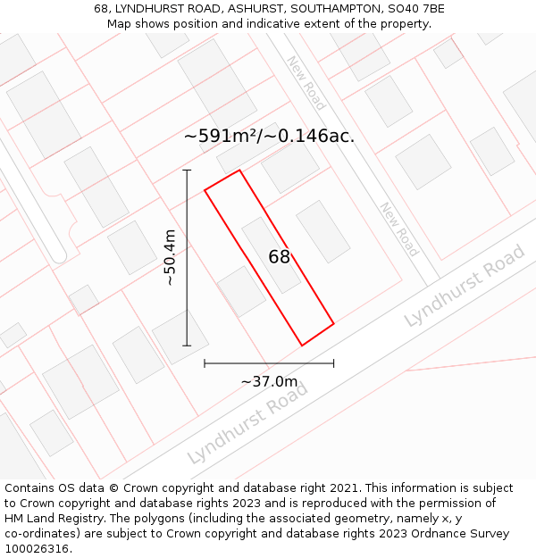 68, LYNDHURST ROAD, ASHURST, SOUTHAMPTON, SO40 7BE: Plot and title map