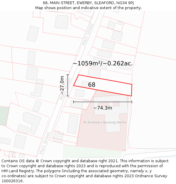 68, MAIN STREET, EWERBY, SLEAFORD, NG34 9PJ: Plot and title map