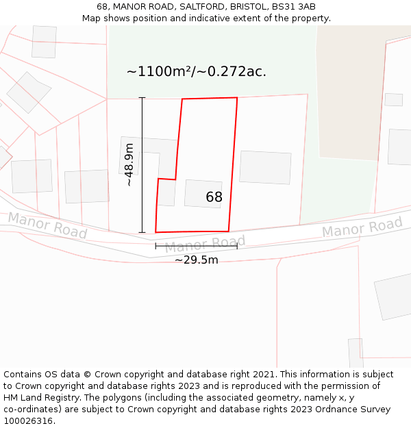 68, MANOR ROAD, SALTFORD, BRISTOL, BS31 3AB: Plot and title map