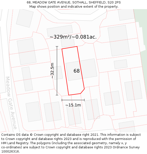 68, MEADOW GATE AVENUE, SOTHALL, SHEFFIELD, S20 2PS: Plot and title map