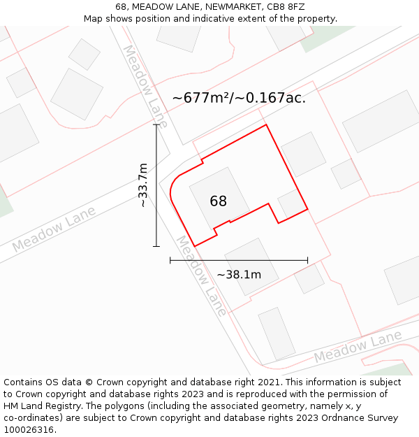 68, MEADOW LANE, NEWMARKET, CB8 8FZ: Plot and title map