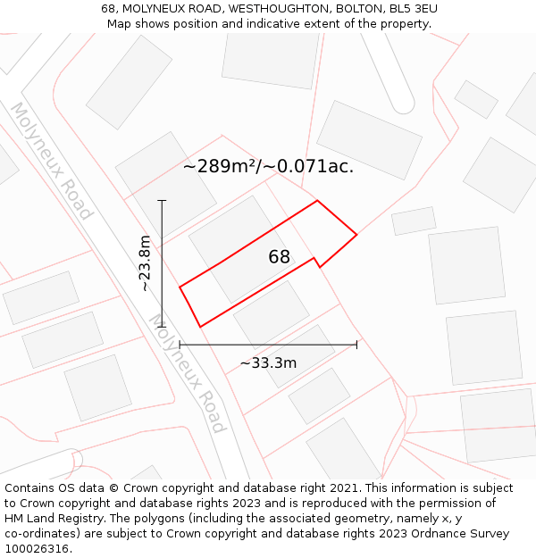 68, MOLYNEUX ROAD, WESTHOUGHTON, BOLTON, BL5 3EU: Plot and title map