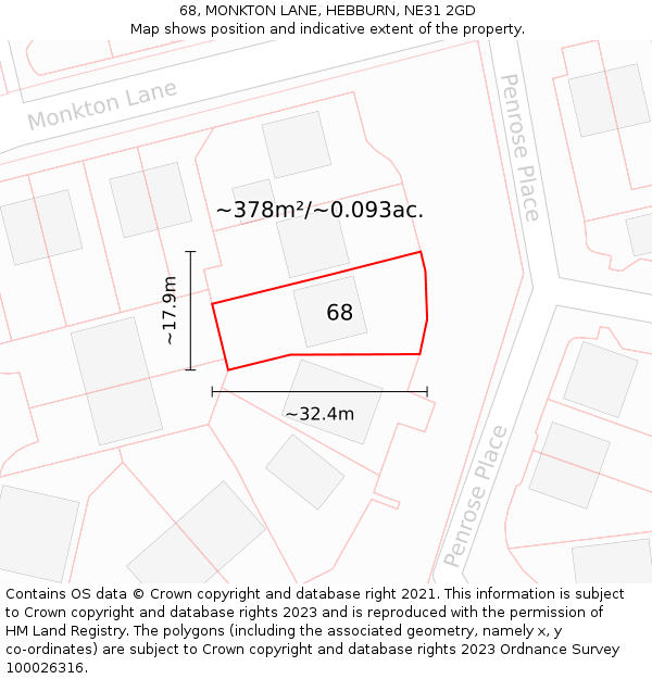 68, MONKTON LANE, HEBBURN, NE31 2GD: Plot and title map