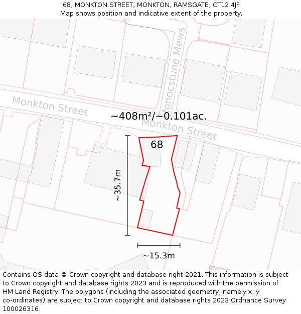 68, MONKTON STREET, MONKTON, RAMSGATE, CT12 4JF: Plot and title map