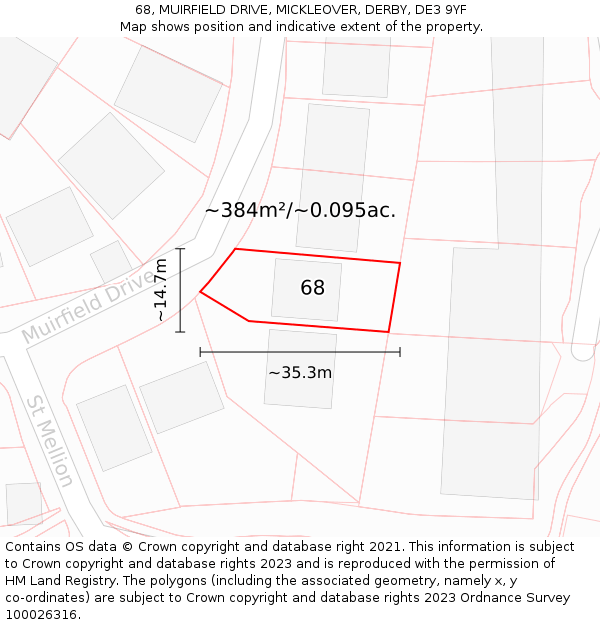 68, MUIRFIELD DRIVE, MICKLEOVER, DERBY, DE3 9YF: Plot and title map