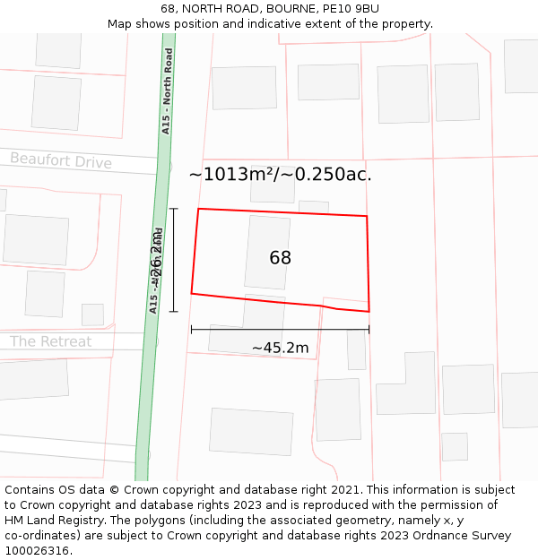 68, NORTH ROAD, BOURNE, PE10 9BU: Plot and title map