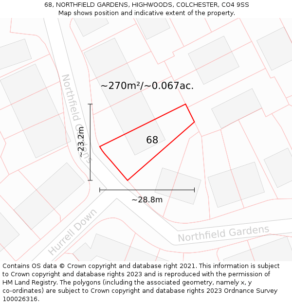 68, NORTHFIELD GARDENS, HIGHWOODS, COLCHESTER, CO4 9SS: Plot and title map