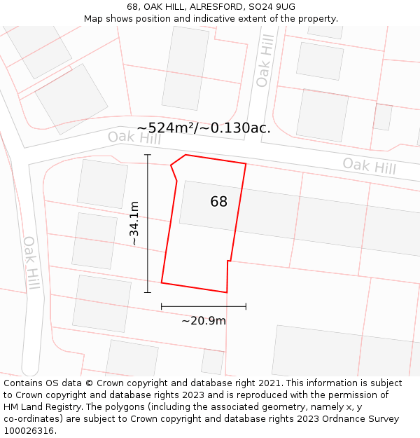 68, OAK HILL, ALRESFORD, SO24 9UG: Plot and title map