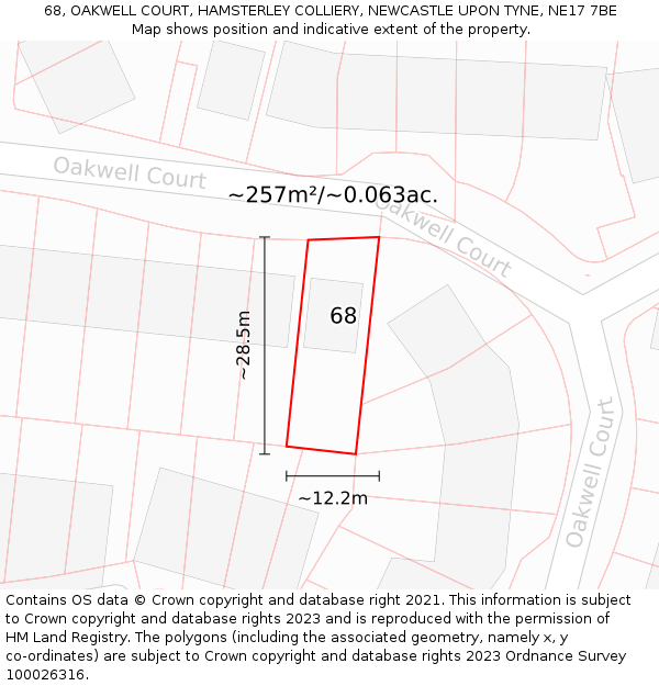 68, OAKWELL COURT, HAMSTERLEY COLLIERY, NEWCASTLE UPON TYNE, NE17 7BE: Plot and title map