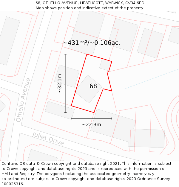 68, OTHELLO AVENUE, HEATHCOTE, WARWICK, CV34 6ED: Plot and title map