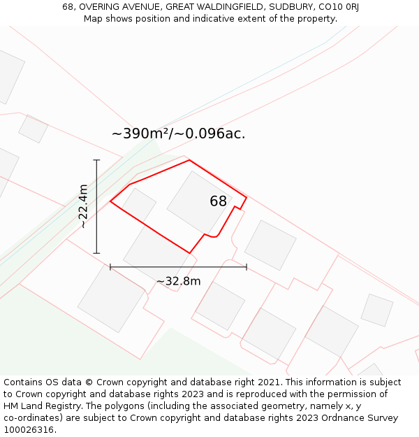 68, OVERING AVENUE, GREAT WALDINGFIELD, SUDBURY, CO10 0RJ: Plot and title map