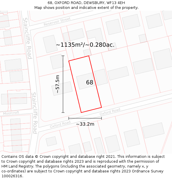 68, OXFORD ROAD, DEWSBURY, WF13 4EH: Plot and title map