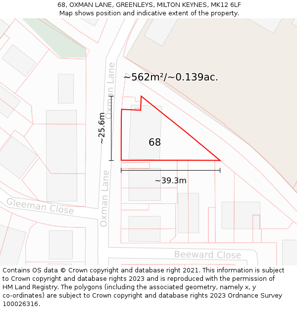 68, OXMAN LANE, GREENLEYS, MILTON KEYNES, MK12 6LF: Plot and title map