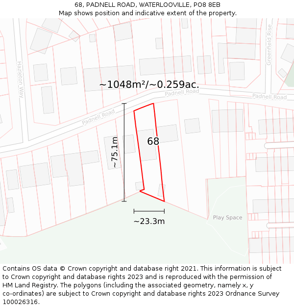 68, PADNELL ROAD, WATERLOOVILLE, PO8 8EB: Plot and title map