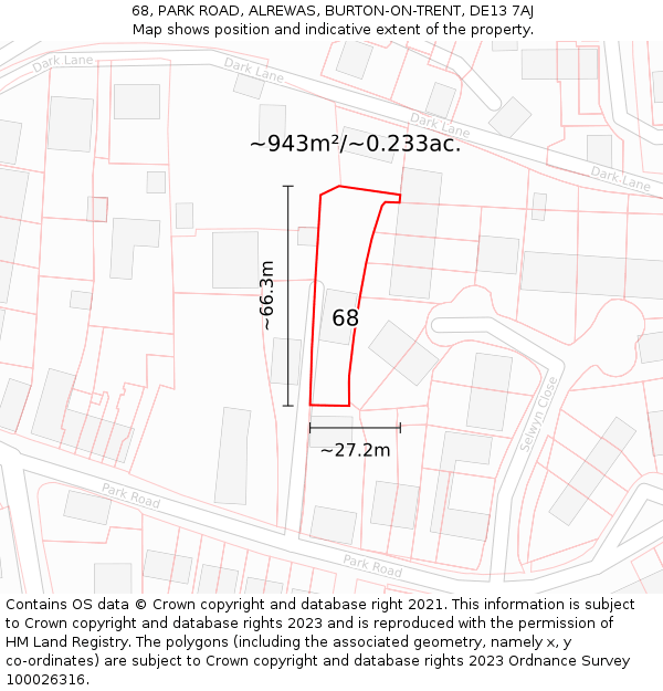 68, PARK ROAD, ALREWAS, BURTON-ON-TRENT, DE13 7AJ: Plot and title map