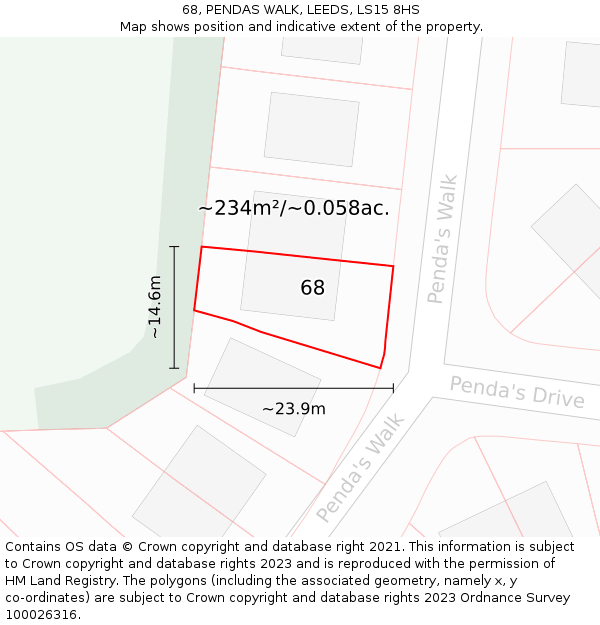 68, PENDAS WALK, LEEDS, LS15 8HS: Plot and title map