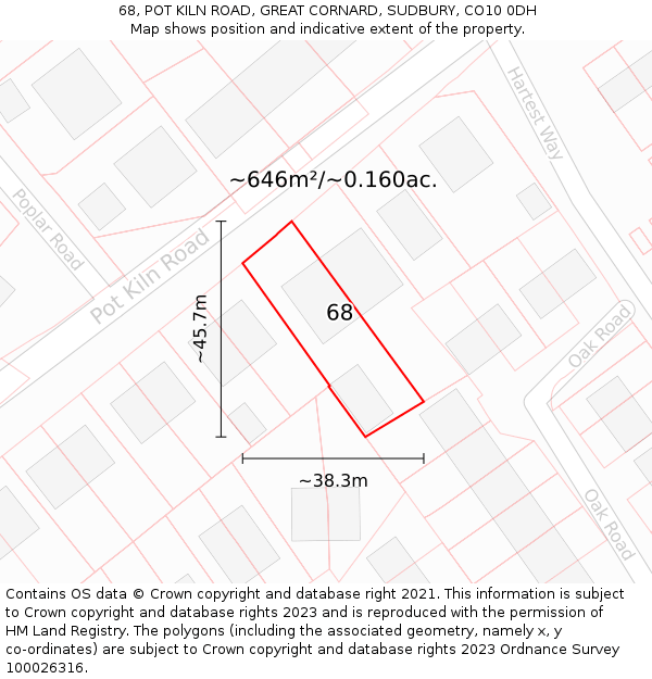 68, POT KILN ROAD, GREAT CORNARD, SUDBURY, CO10 0DH: Plot and title map