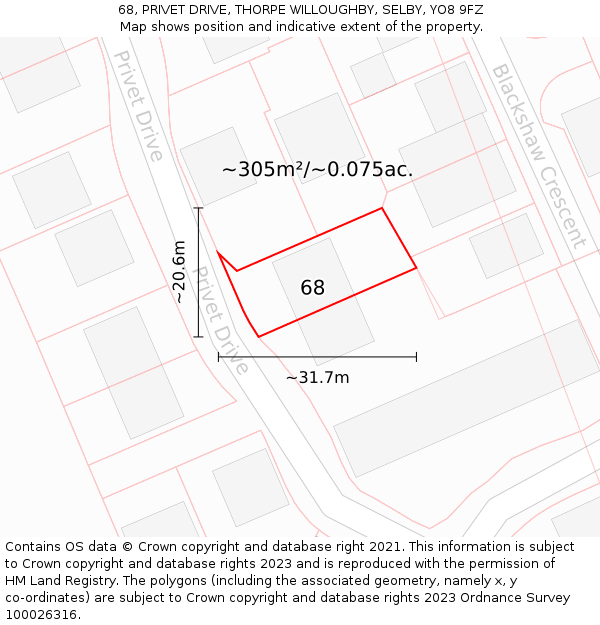 68, PRIVET DRIVE, THORPE WILLOUGHBY, SELBY, YO8 9FZ: Plot and title map