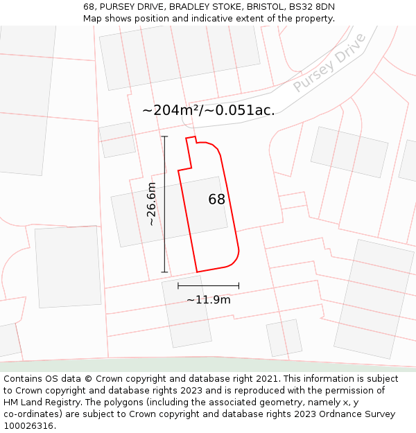 68, PURSEY DRIVE, BRADLEY STOKE, BRISTOL, BS32 8DN: Plot and title map