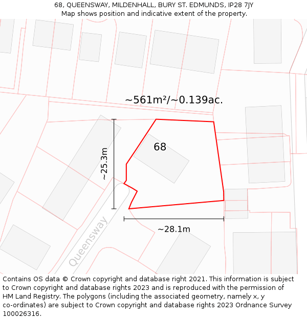 68, QUEENSWAY, MILDENHALL, BURY ST. EDMUNDS, IP28 7JY: Plot and title map