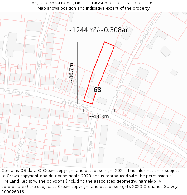 68, RED BARN ROAD, BRIGHTLINGSEA, COLCHESTER, CO7 0SL: Plot and title map