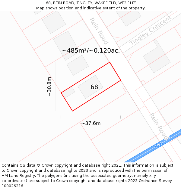 68, REIN ROAD, TINGLEY, WAKEFIELD, WF3 1HZ: Plot and title map