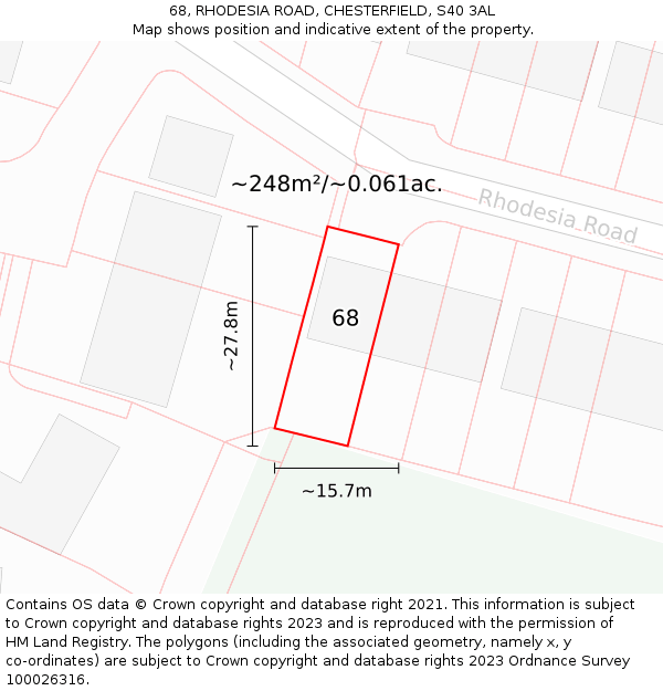 68, RHODESIA ROAD, CHESTERFIELD, S40 3AL: Plot and title map